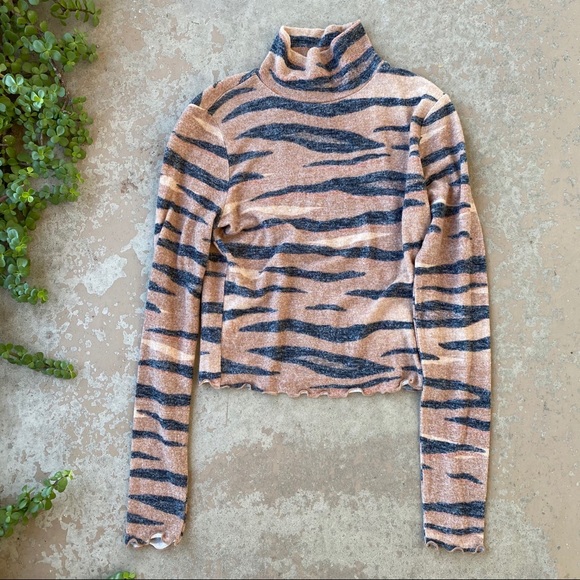 love, Fire Sweaters - Love, Fire Stripe Mock Neck Top, Brown Tiger Print